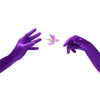 opera length purple shimmery spandex gloves reaching for a hummingbird