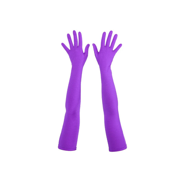 top view of opera length purple shimmery spandex gloves
