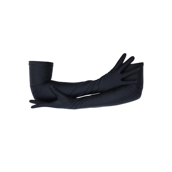 opera length black shimmery spandex gloves with arms crossed