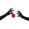 opera length black shimmery spandex gloves holding an apple
