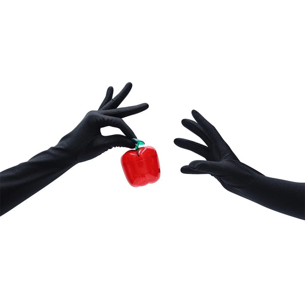 opera length black shimmery spandex gloves holding an apple