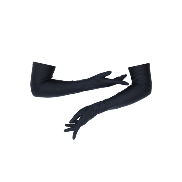 opera length black shimmery spandex gloves posed with scooped arms