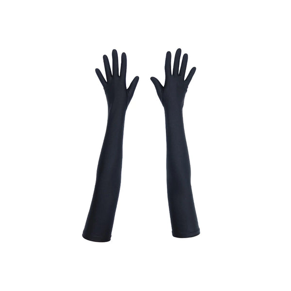 top view of opera length black shimmery spandex gloves