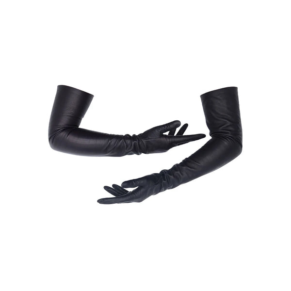 luxury black leather gloves posed with scooped arms