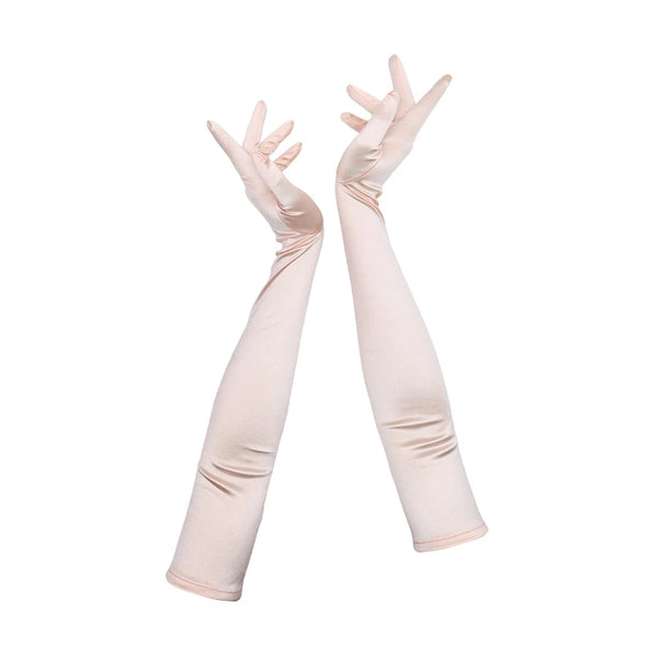 full view of opera length satin baby pink gloves