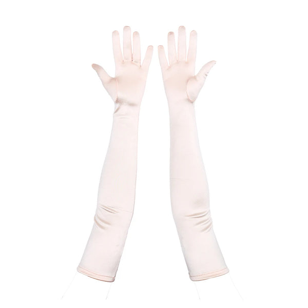 opera length satin baby pink gloves with open palms