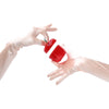 opera length satin baby pink gloves holding an apple