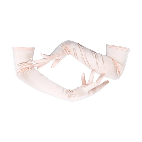 opera length satin baby pink gloves with arms crossed