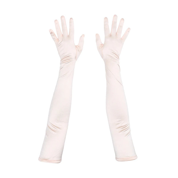 top view of opera length satin baby pink gloves