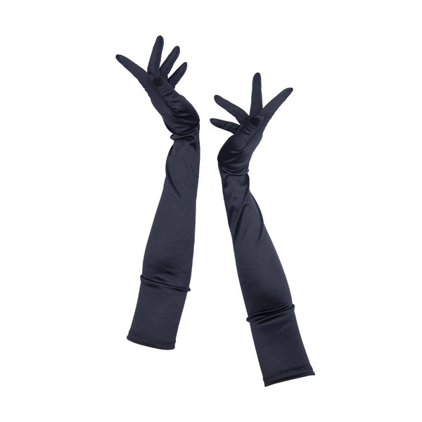 full view of opera length satin black gloves