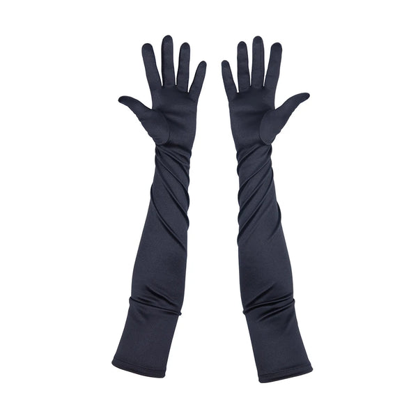 opera length satin black gloves with open palms