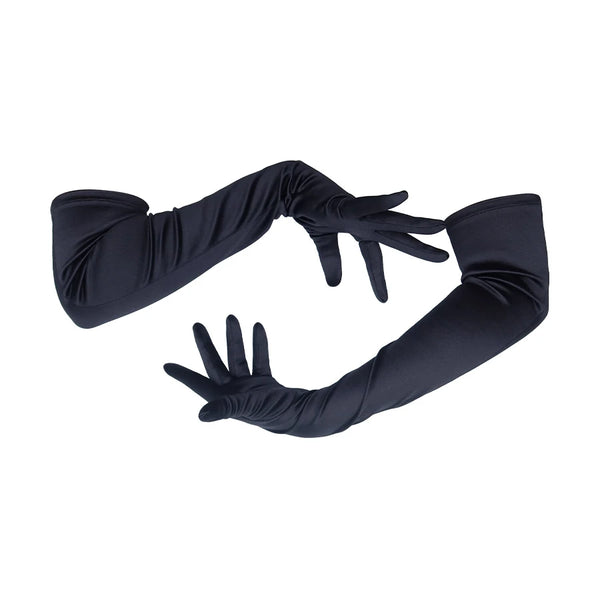 opera length satin black gloves with arms crossed