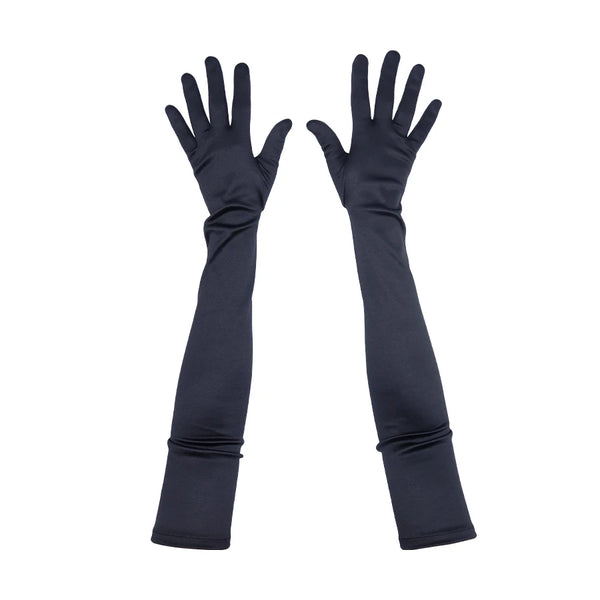 top view of opera length satin black gloves