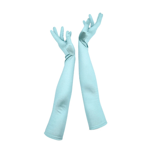 full view of opera length satin seafoam gloves
