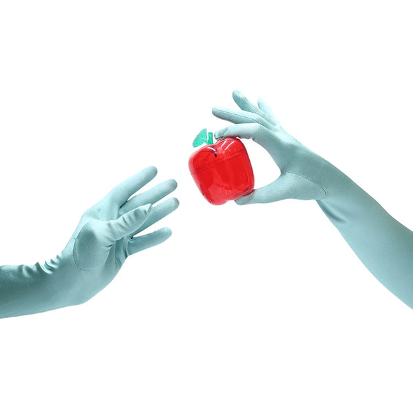 opera length satin seafoam gloves holding an apple