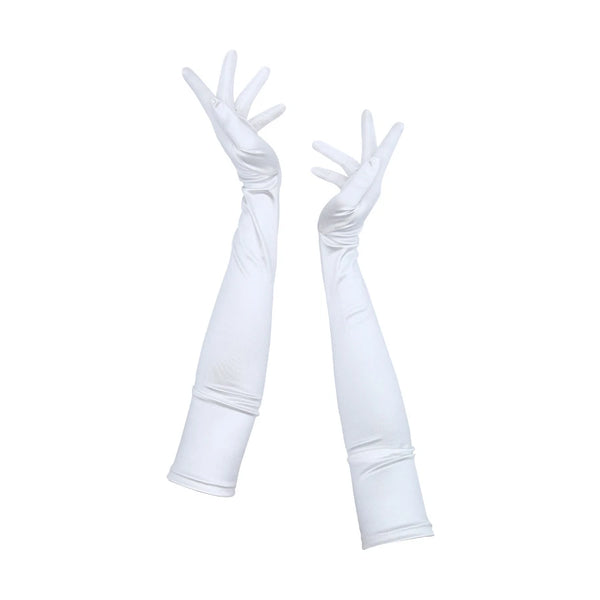 full view of opera length satin white gloves