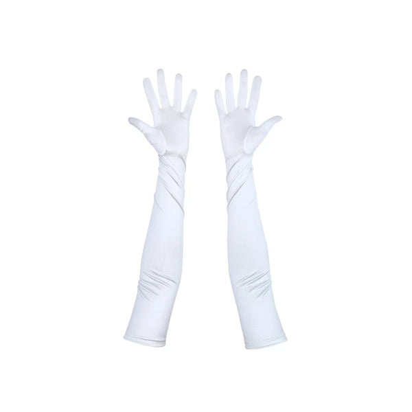 opera length satin white gloves with open palms