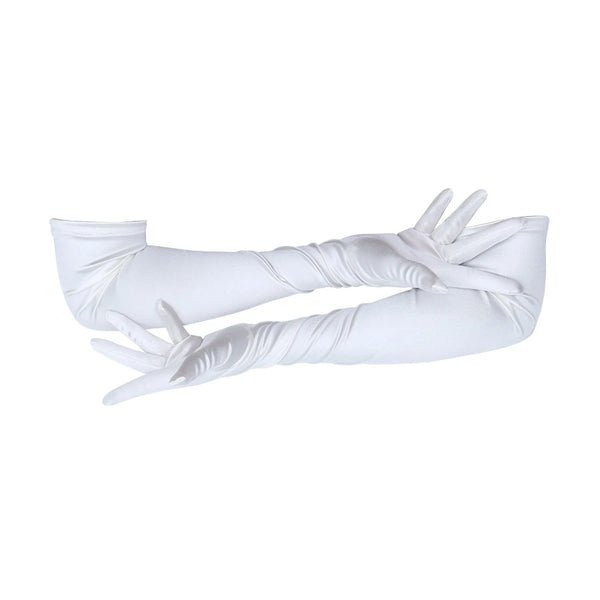 opera length satin white gloves with arms cradled