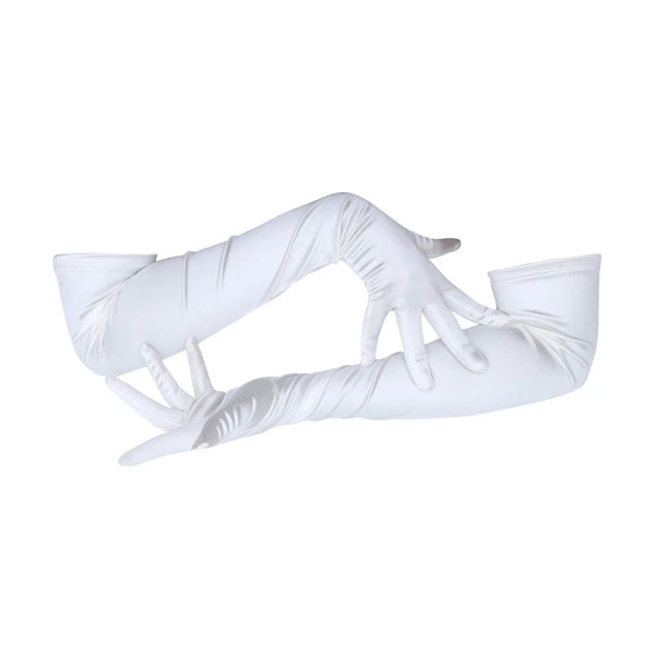 opera length satin white gloves posed with crossed arms
