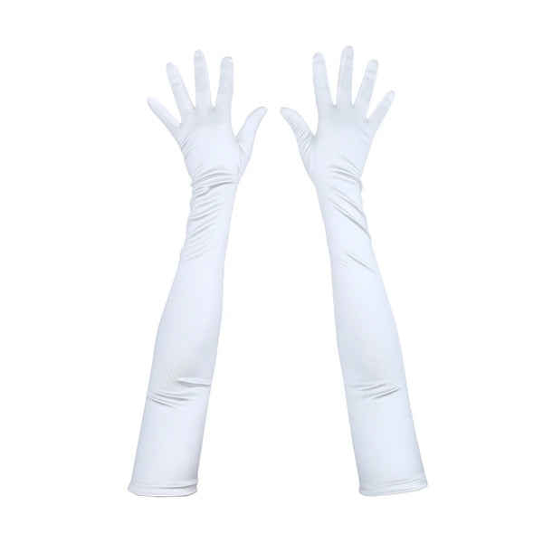 top view of opera length satin white gloves