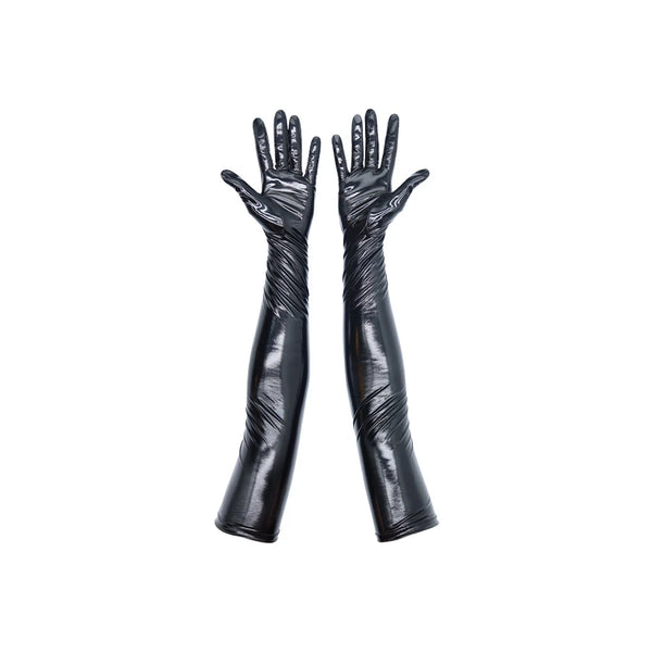 opera length vinyl black gloves with open palms