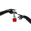 opera length vinyl black gloves holding an apple on a chain