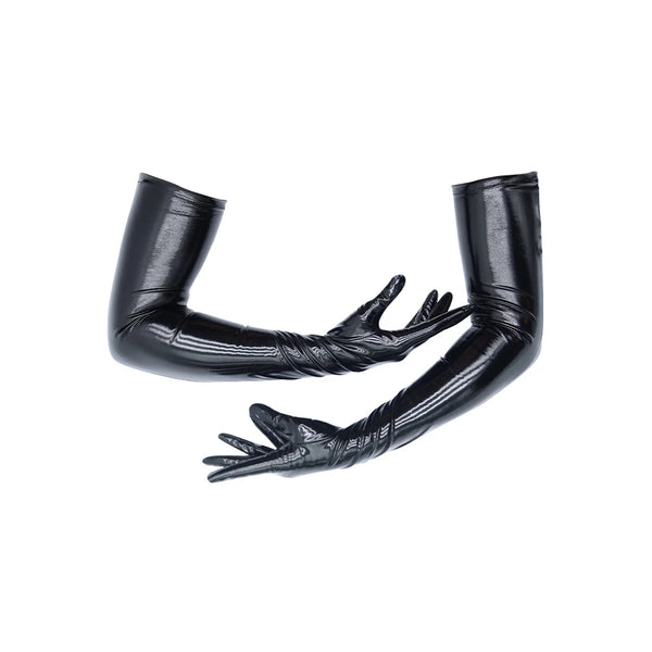 opera length vinyl black gloves with arms posed