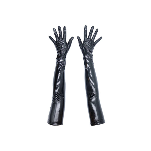 top view of opera length vinyl black gloves