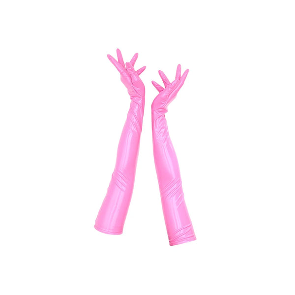 full view of opera length vinyl pink gloves