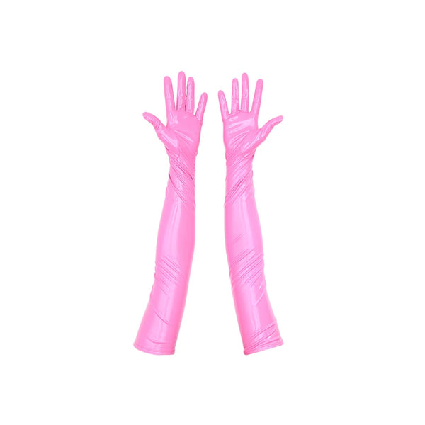 opera length vinyl pink gloves with open palms