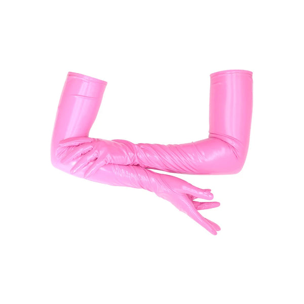 opera length vinyl pink gloves with right hand resting on left arm