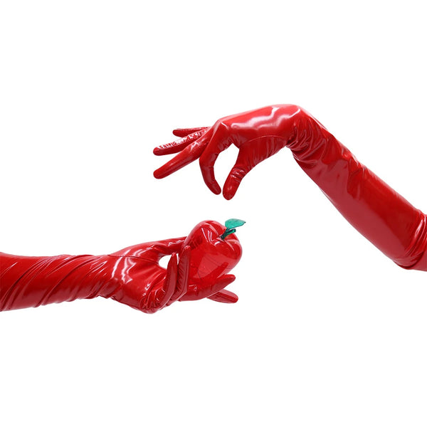 opera length vinyl turquoise gloves reaching for an apple