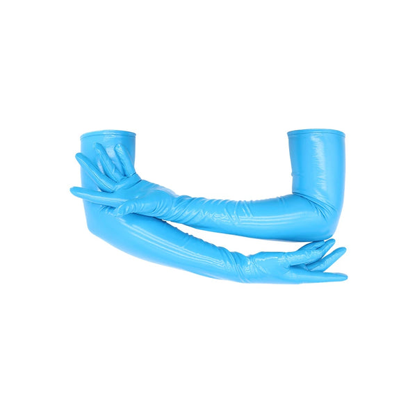 opera length vinyl turquoise gloves with arms folded