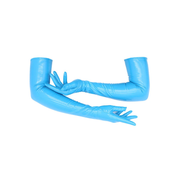 opera length vinyl turquoise gloves with right hand resting on left arm