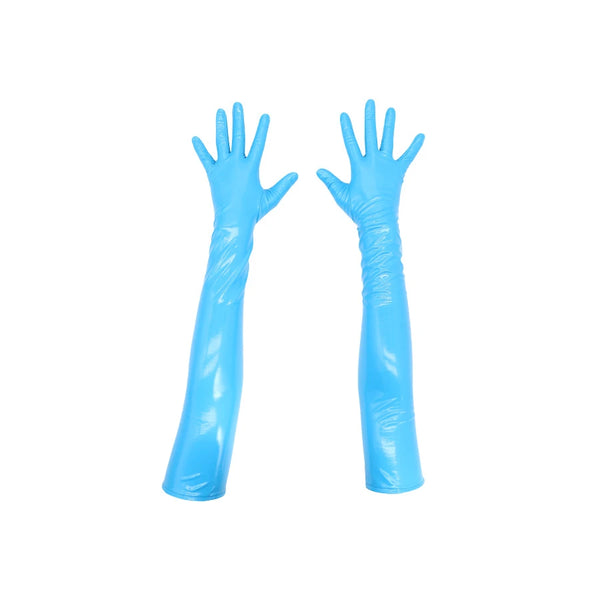 top view of opera length vinyl turquoise gloves