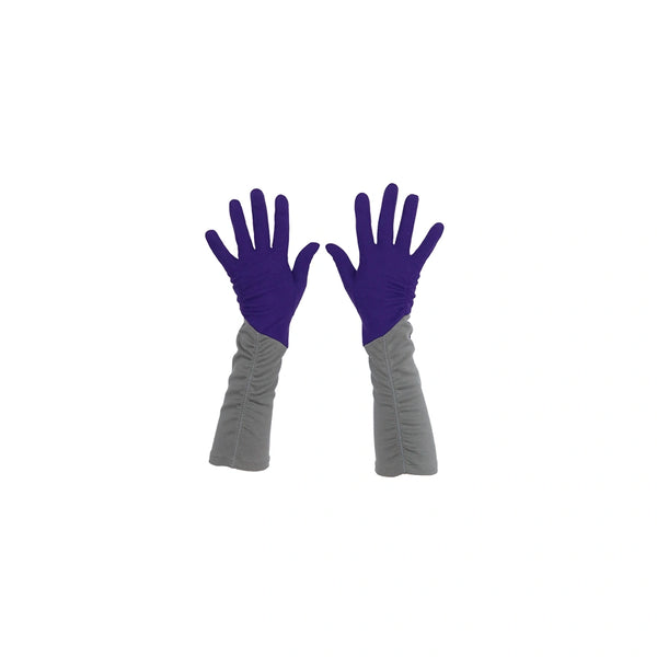 top view of 3/4 length purple and grey gloves