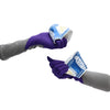 3/4 length purple and grey gloves holding a crumbled cup in each hand