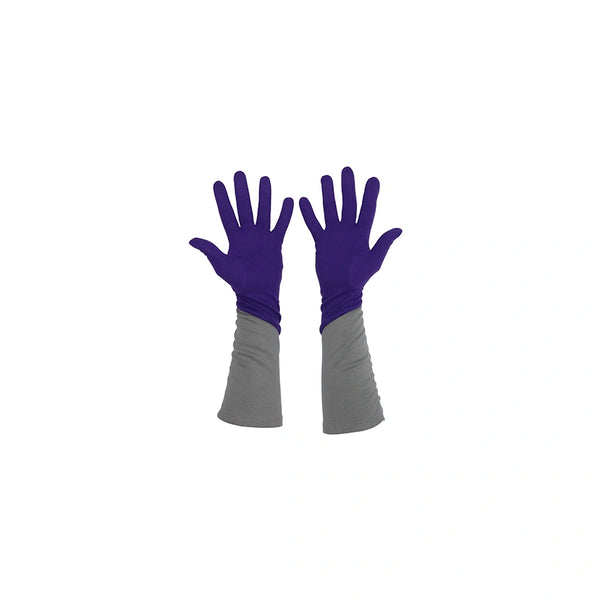 3/4 length purple and grey gloves with open palms