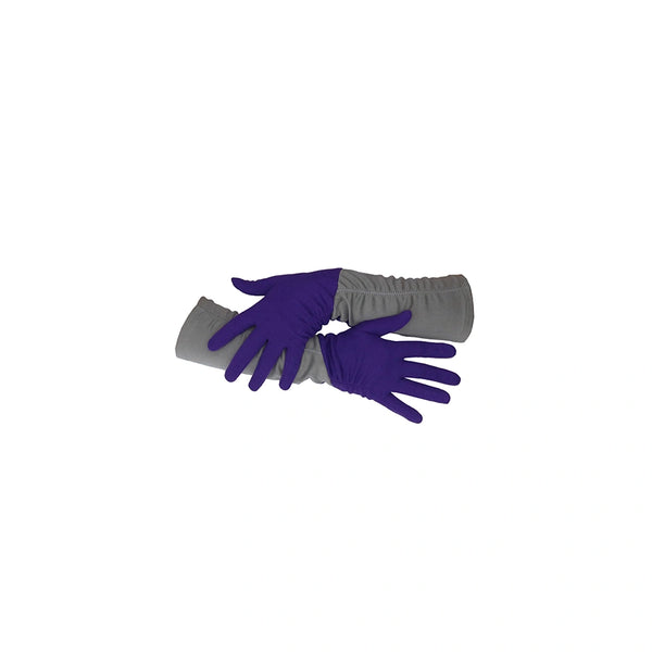 3/4 length purple and grey gloves posed with arms crossed