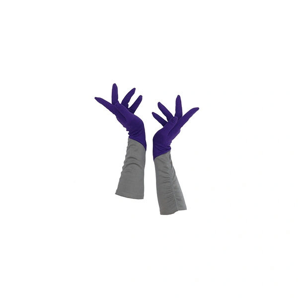 full view of 3/4 length purple and grey gloves