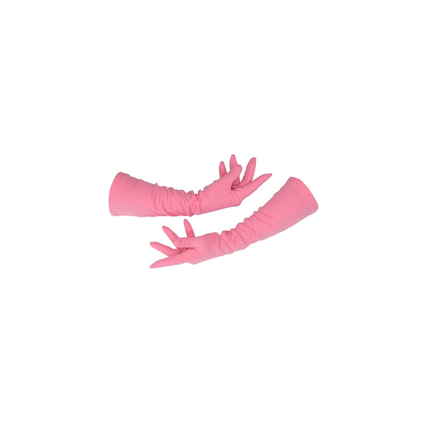 3/4 length pink gloves posed with cradle arms