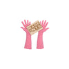 3/4 length pink gloves holding wooden Made in NYC sign