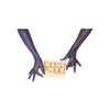 opera length metallic mesh black and royal blue gloves holding wooden Made in NYC sign
