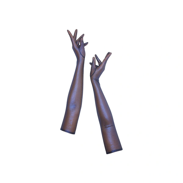 full view of opera length metallic mesh black and royal blue gloves