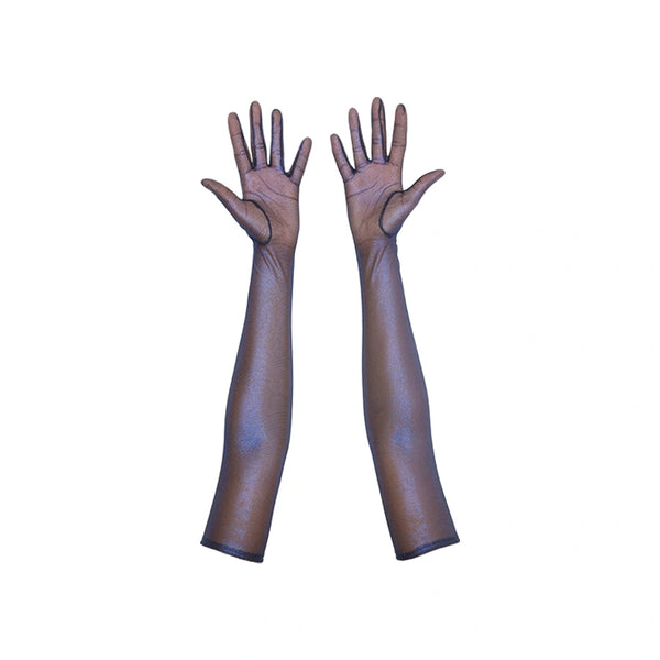 opera length metallic mesh black and royal blue gloves with open palms