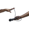 opera length metallic mesh black gold gloves using a microphone