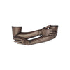opera length metallic mesh black gold gloves posed with the left arm holding the right