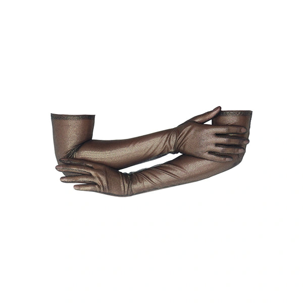 opera length metallic mesh black gold gloves posed with the left arm holding the right