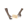 opera length metallic mesh black gold gloves holding Made in NYC wooden sign