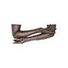 arms crossed wearing opera length metallic mesh black gold gloves